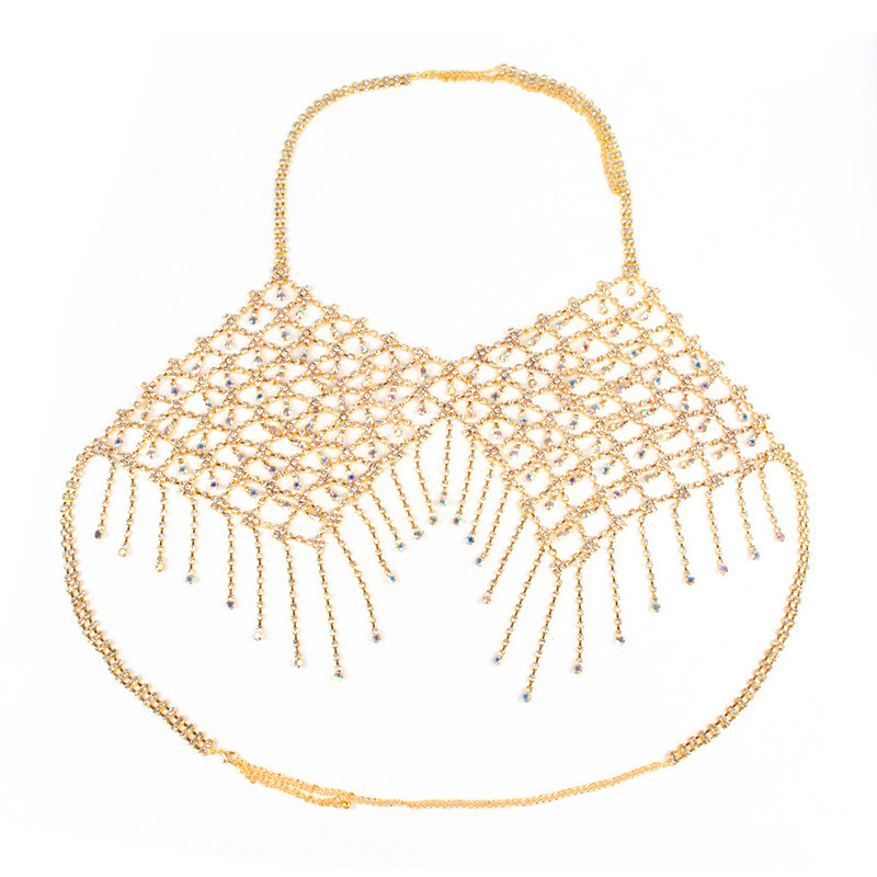 0058-European and American popular bikini rhinestone bra chain Nightclub women's tassel AB color super large luxury rhinestone bra body chain