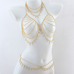 ST230909-European and American cross-border new chest chain set, fashionable and sexy sparkling diamond tassel nightclub bikini waist chain body chain accessories