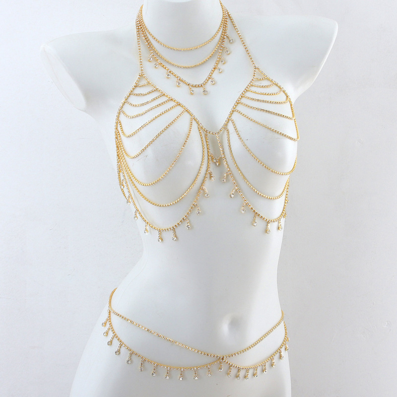 ST230909-European and American cross-border new chest chain set, fashionable and sexy sparkling diamond tassel nightclub bikini waist chain body chain accessories