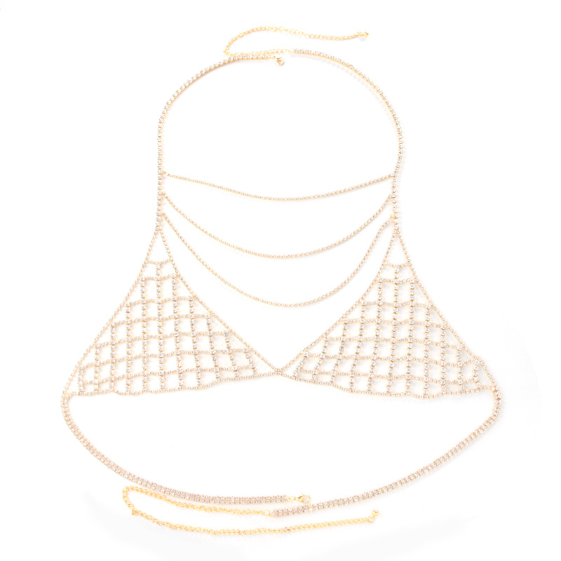 ST230801-European and American rhinestone chest chain jewelry nightclub beach trend multi-layer necklace body chain