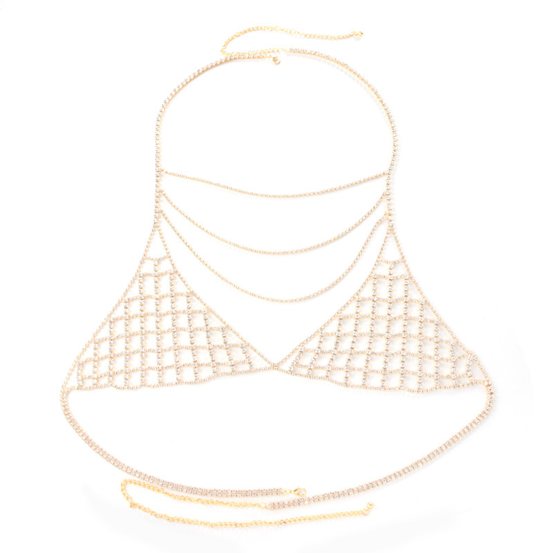 ST230801-European and American rhinestone chest chain jewelry nightclub beach trend multi-layer necklace body chain