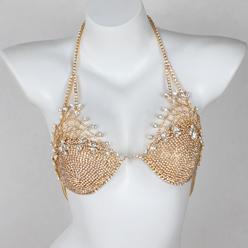 ST230613-New European and American exaggerated rhinestone body chain for women, personalized flower-shaped inlaid nightclub sexy bikini bra set