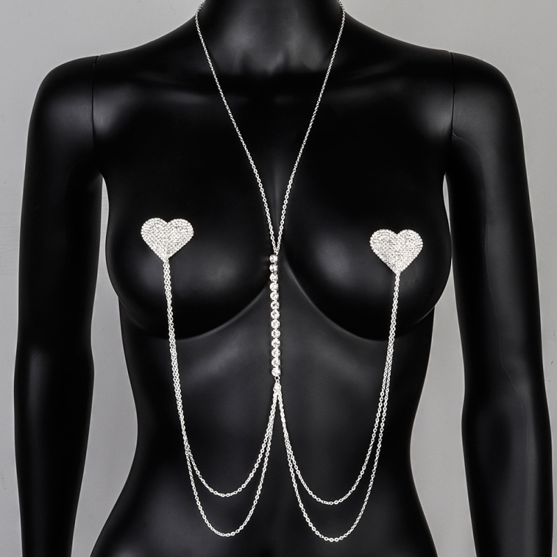 ST230127-New love chest patch, nightclub style sexy and interesting multi-layered rhinestone breast chain body chain