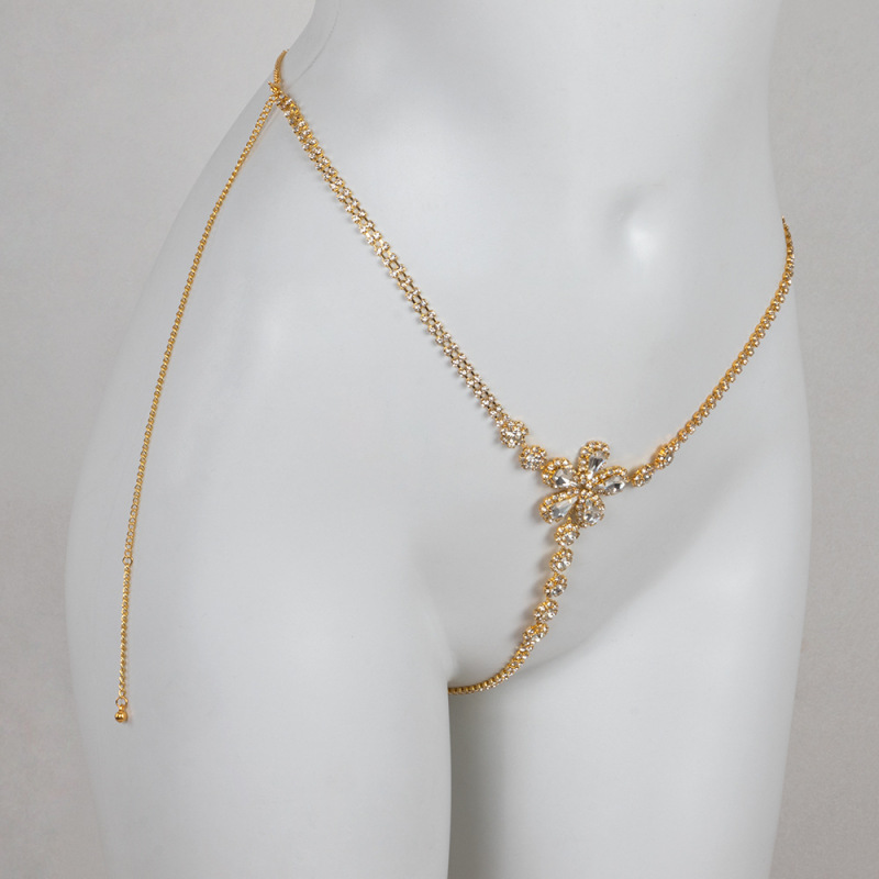 ST221001-Cross-border European and American waist chain accessories Sexy nightclub yellow diamond flower-shaped rhinestone underwear chain body chain