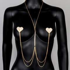 ST230127-New love chest patch, nightclub style sexy and interesting multi-layered rhinestone breast chain body chain