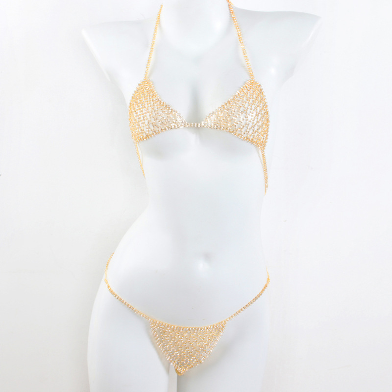 ST22450-Exaggerated bikini breast chain thong sexy nightclub rhinestone underwear body chain set