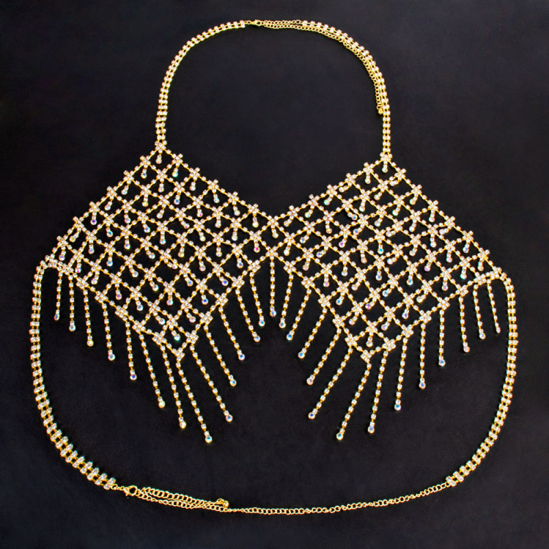 0058-European and American popular bikini rhinestone bra chain Nightclub women's tassel AB color super large luxury rhinestone bra body chain