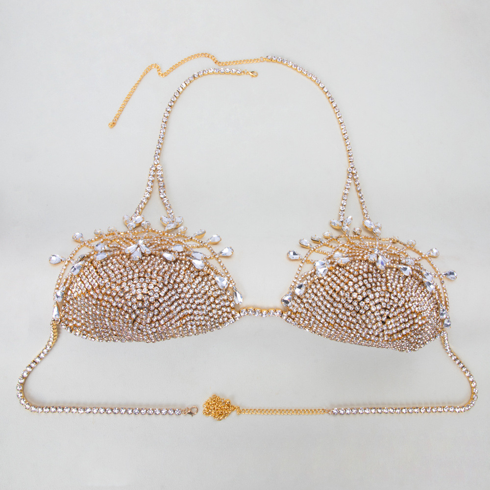 ST230613-New European and American exaggerated rhinestone body chain for women, personalized flower-shaped inlaid nightclub sexy bikini bra set