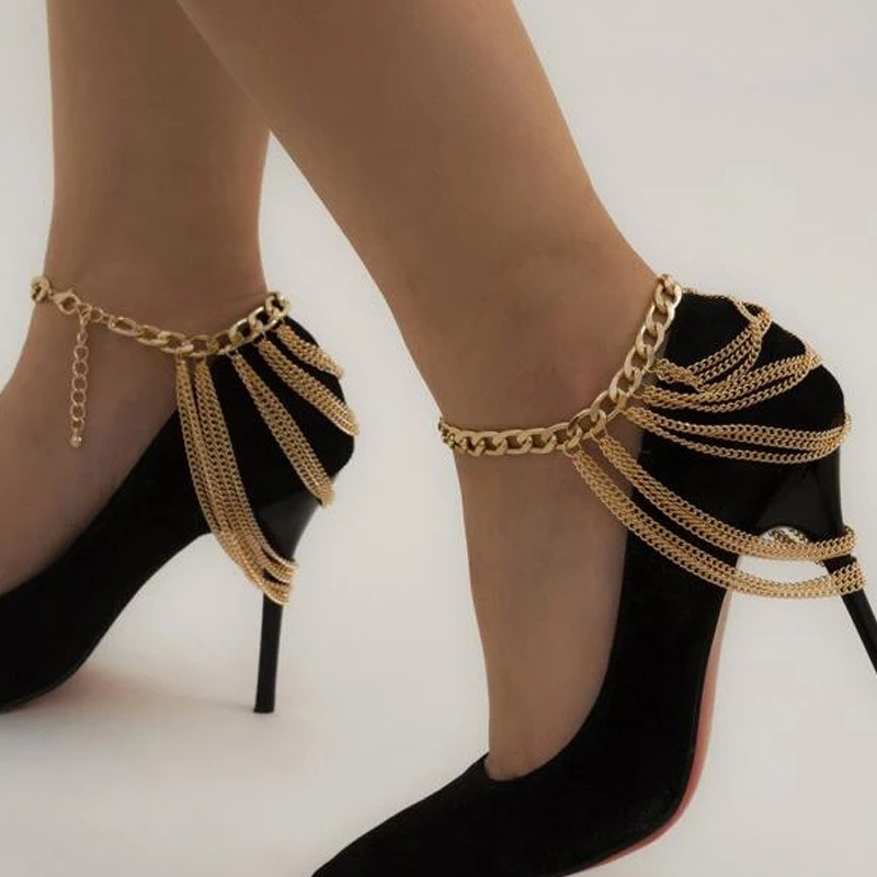 JL22406-European and American style multi-layered tassel hip-hop anklet for women, exaggerated personality geometric metal chain high-heeled shoes chain