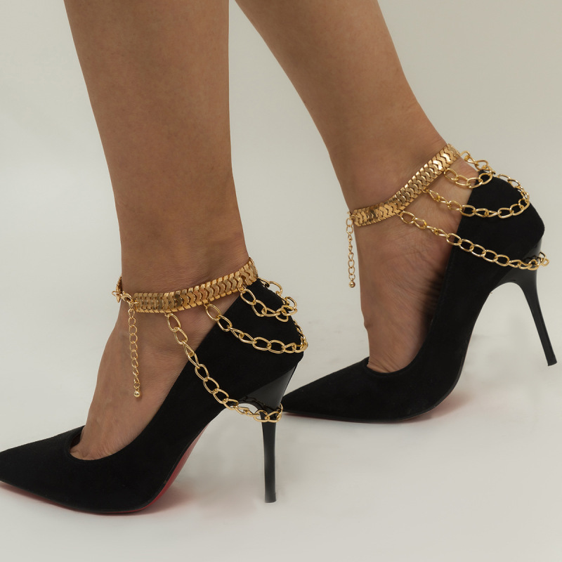 JL22706-European and American fashion footwear, simple flat snake chain metal shoe chain, personalized exaggerated multi-layered tassel geometric anklet accessories