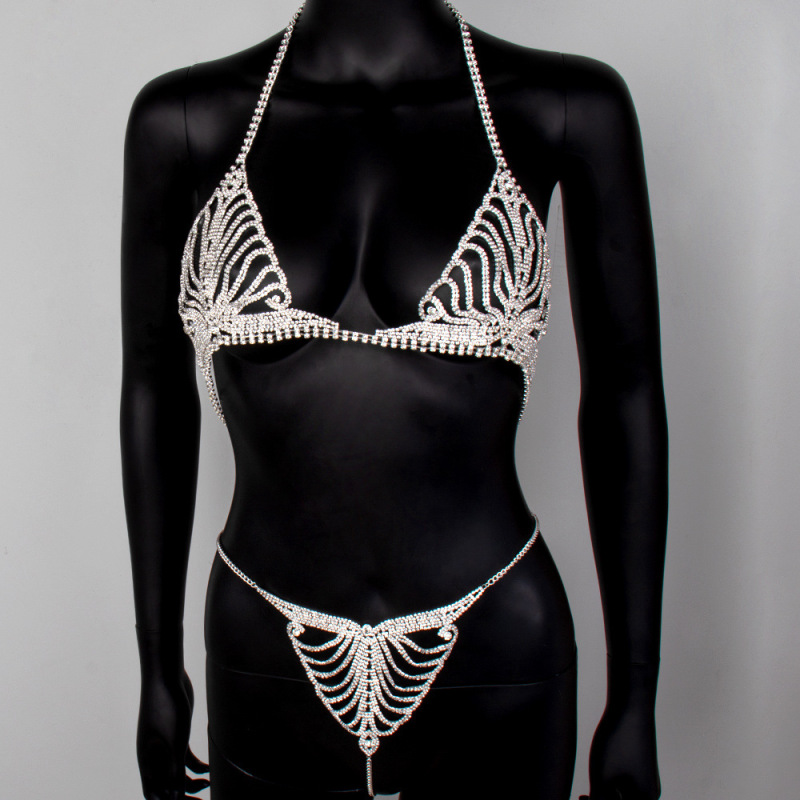 tb-13-Diamond underwear body chain sexy nightclub rhinestone chain bra thong set decoration