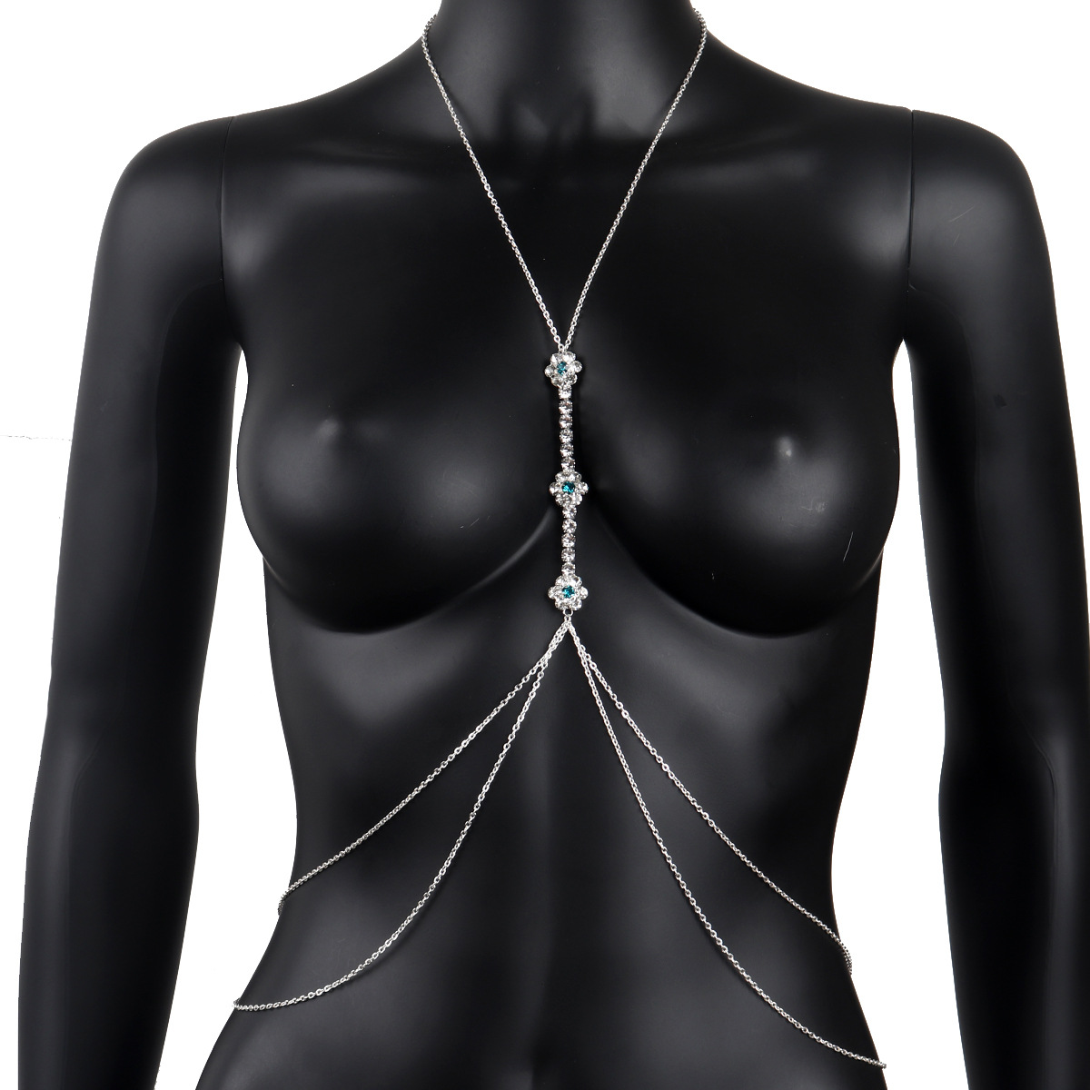 ST230105-European and American cross-border hot-selling new product flower rhinestone chest chain green diamond sexy bikini body chain jewelry accessories
