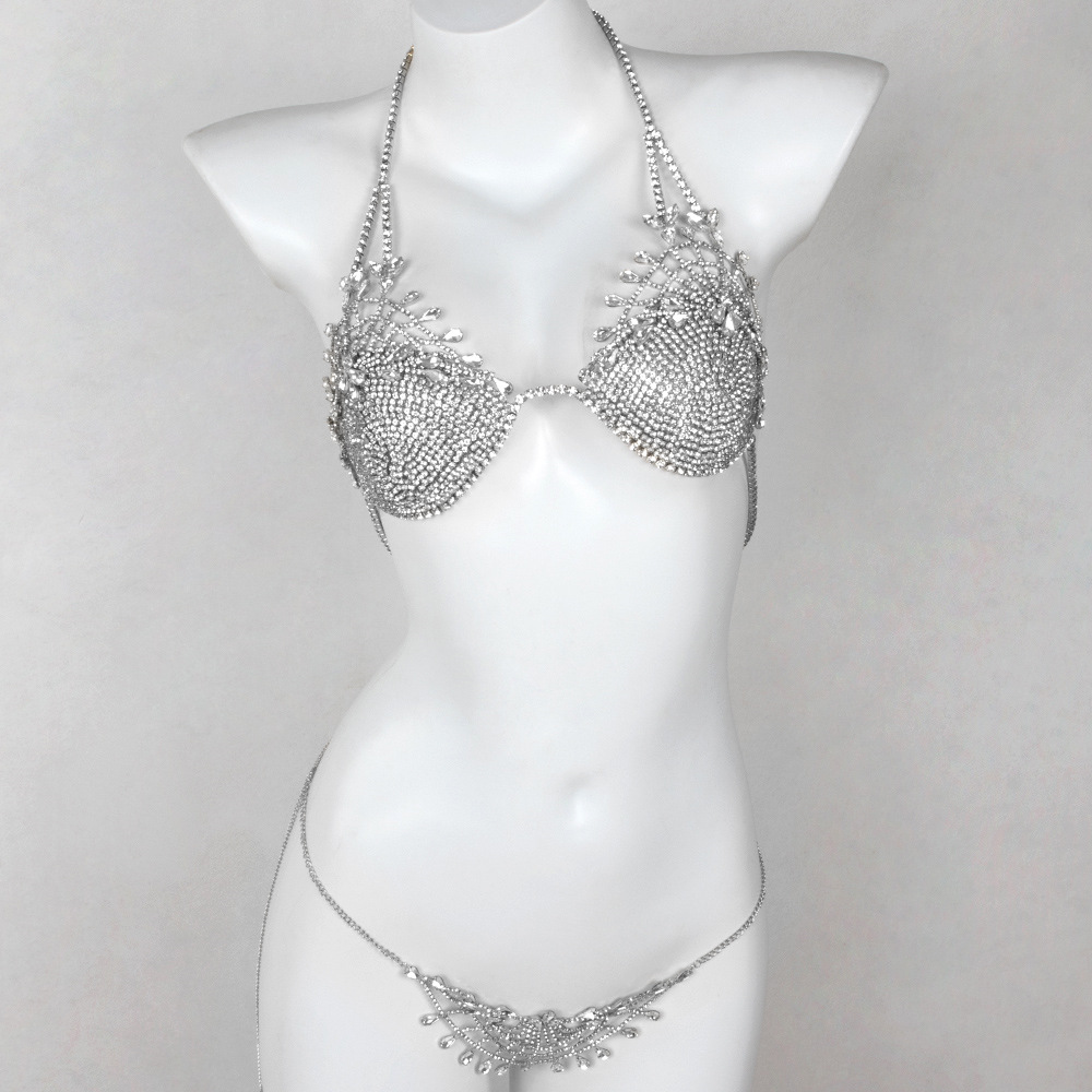 ST230613-New European and American exaggerated rhinestone body chain for women, personalized flower-shaped inlaid nightclub sexy bikini bra set
