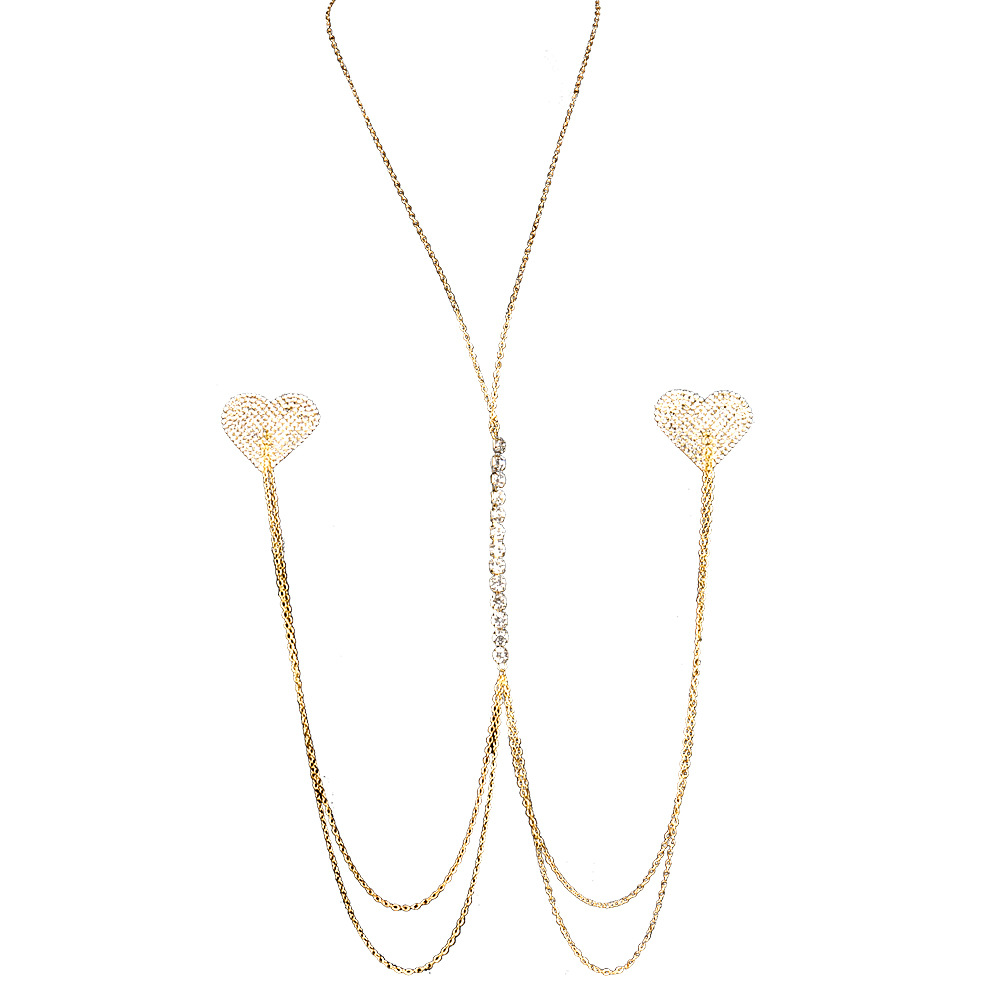 ST230127-New love chest patch, nightclub style sexy and interesting multi-layered rhinestone breast chain body chain