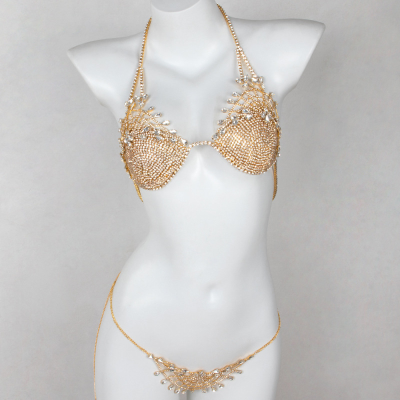 ST230613-New European and American exaggerated rhinestone body chain for women, personalized flower-shaped inlaid nightclub sexy bikini bra set