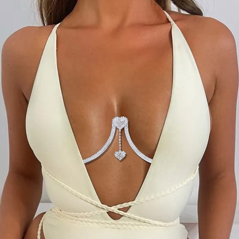 XT22602-Double Heart Pendant Rhinestone Chest Chain Fashion Women's Body Chain Jewelry Accessories