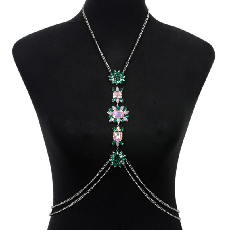 ST230814-Popular chest jewelry chain, fashionable luxury shiny colored diamond European and American sexy body chain accessories