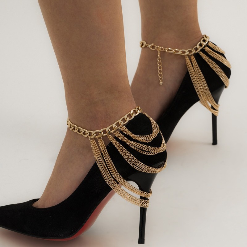 JL22406-European and American style multi-layered tassel hip-hop anklet for women, exaggerated personality geometric metal chain high-heeled shoes chain