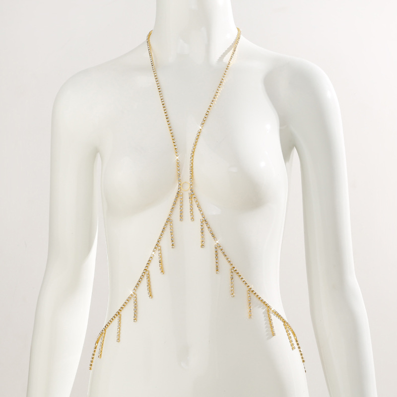 ST230538-European and American cross-border new beach bikini sexy halter neck body chain shiny full diamond tassel chest chain women's accessories