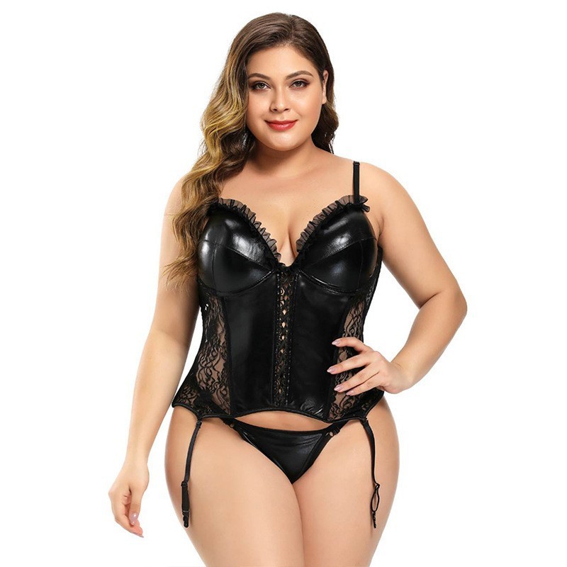 A3440--Plus size sexy corset lace faux leather garter corset set