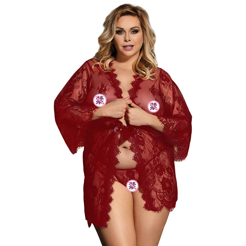 R80528--Plus size sexy lingerie belt sexy lace pajamas see through cardigan nightgown