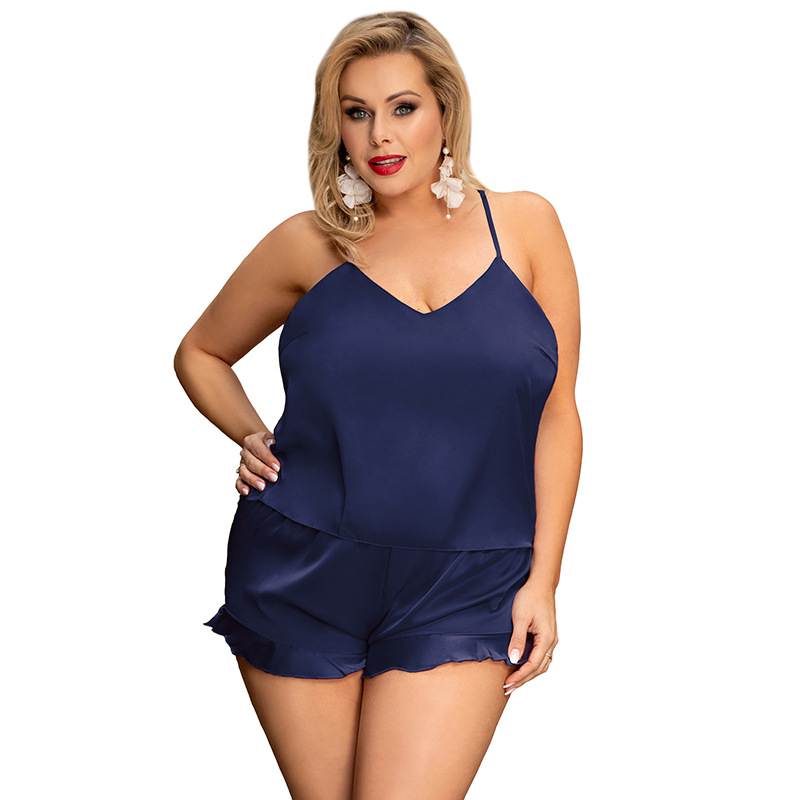 R80958--Women's Plus Size Underwear Simulated Silk Home Clothes Camisole Tops and Shorts Two-piece Set