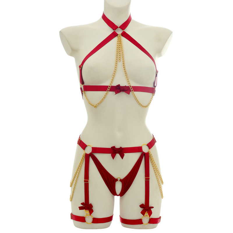 O0915+P0292--New sexy hollow harness straps to restrain women's sexy split suit