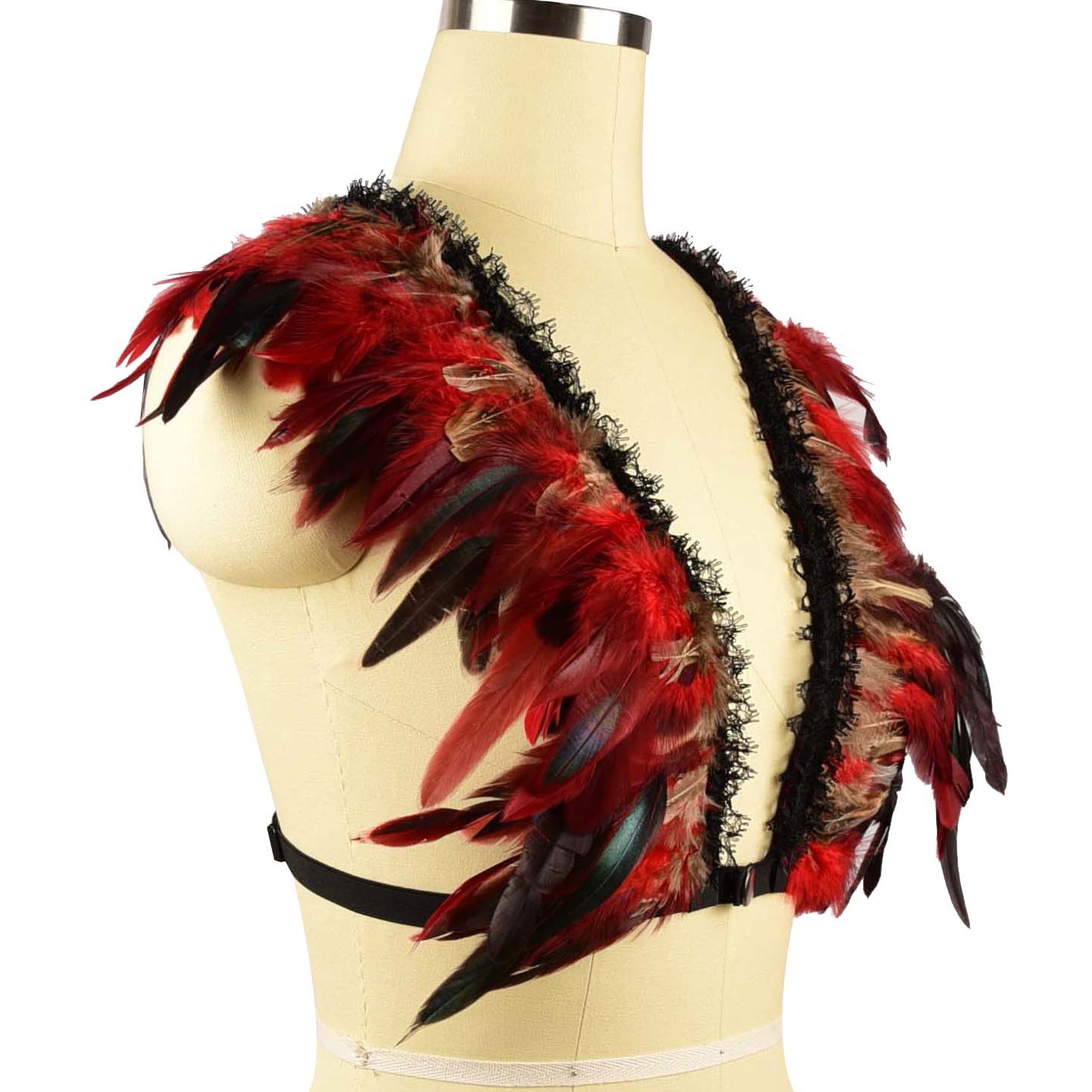 O0306-Lace red feather European and American sexy breast-exposed three-point strappy bra