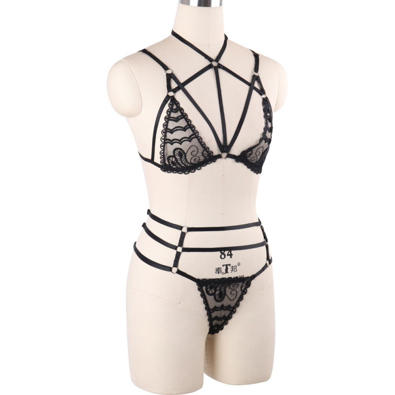 N0106--Hot selling lace temptation straps black ladies sexy lingerie set