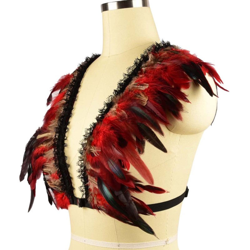 O0306-Lace red feather European and American sexy breast-exposed three-point strappy bra