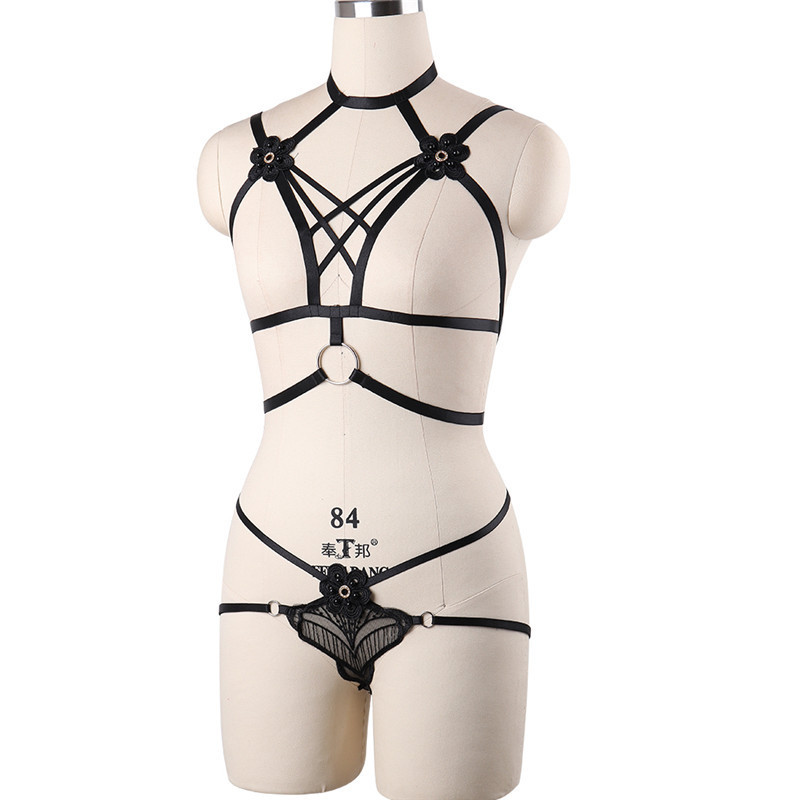 N0115--Adjustable Breast Exposed Sexy Hollow Mesh Black Women's Sexy Underwear Set