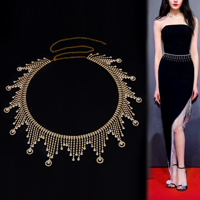 YL231004-Luxurious shiny diamond waist chain, elegant and fashionable dress decoration waist chain accessories tassel waist chain for women