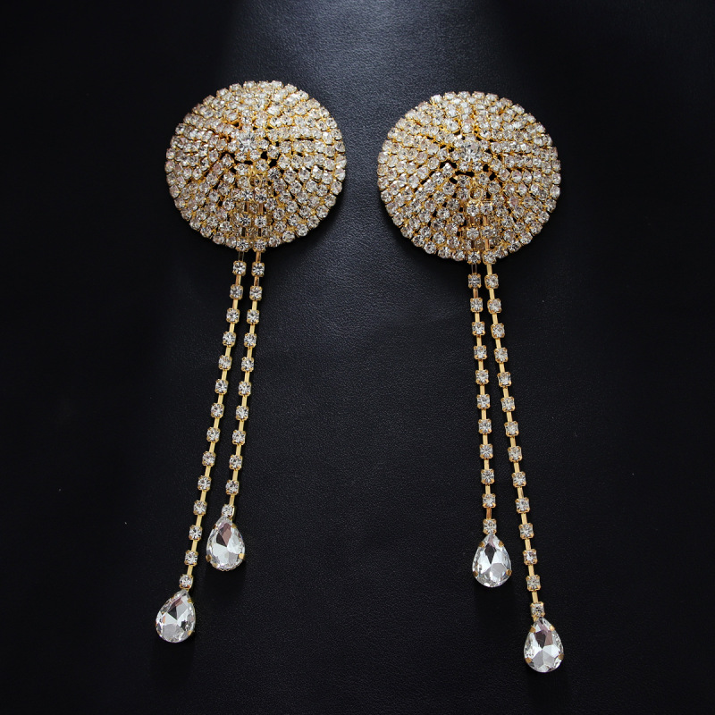 ST230125-Geometric round bra patch, nightclub style sexy tassel rhinestone breast chain body chain