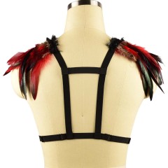 O0306-Lace red feather European and American sexy breast-exposed three-point strappy bra