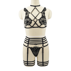 N0098--Hot selling sexy strappy lace bondage black women's sexy lingerie set