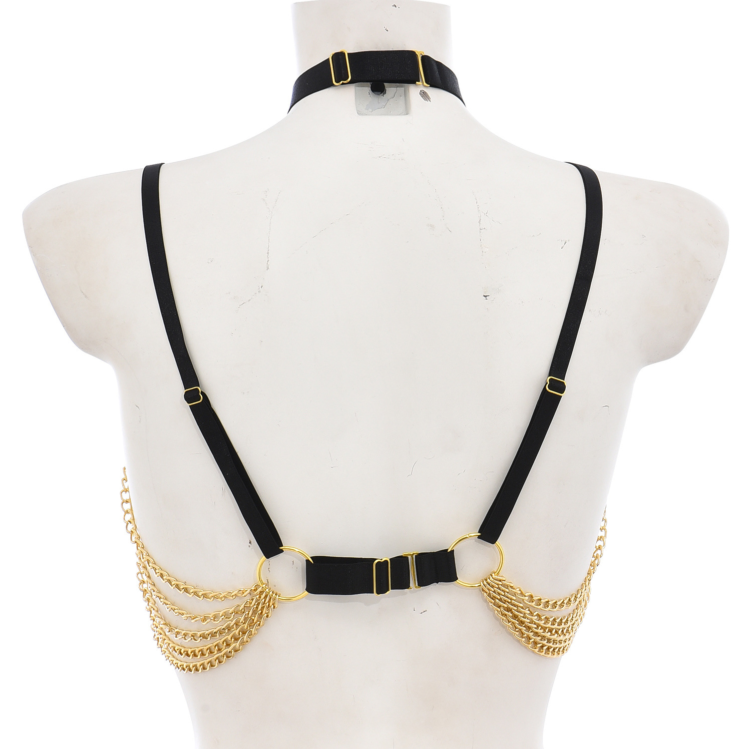 O0886--Outfit with golden chain, hollow breasts and sexy harness lingerie