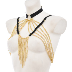 O0886--Outfit with golden chain, hollow breasts and sexy harness lingerie