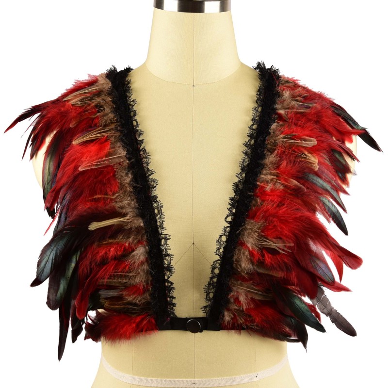 O0306-Lace red feather European and American sexy breast-exposed three-point strappy bra
