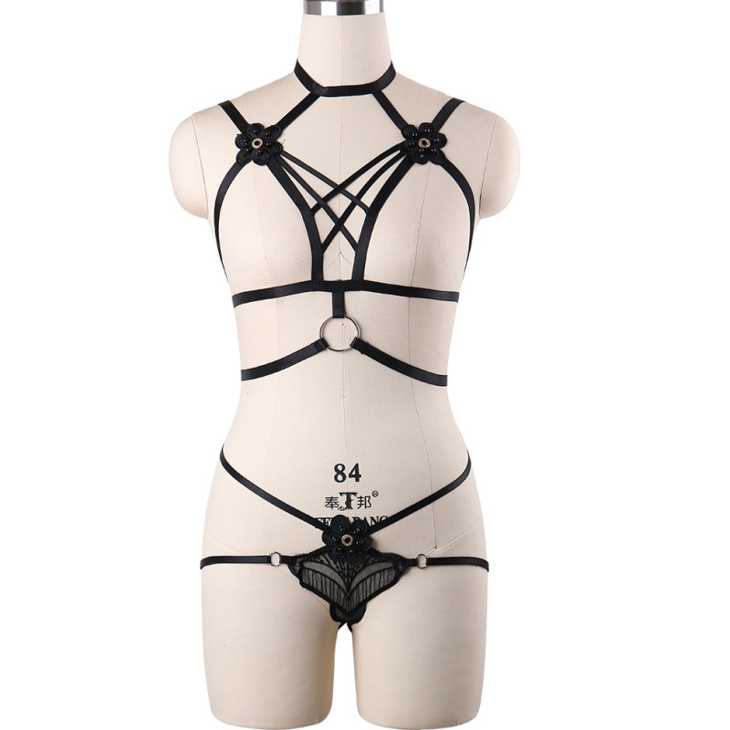N0115--Adjustable Breast Exposed Sexy Hollow Mesh Black Women's Sexy Underwear Set