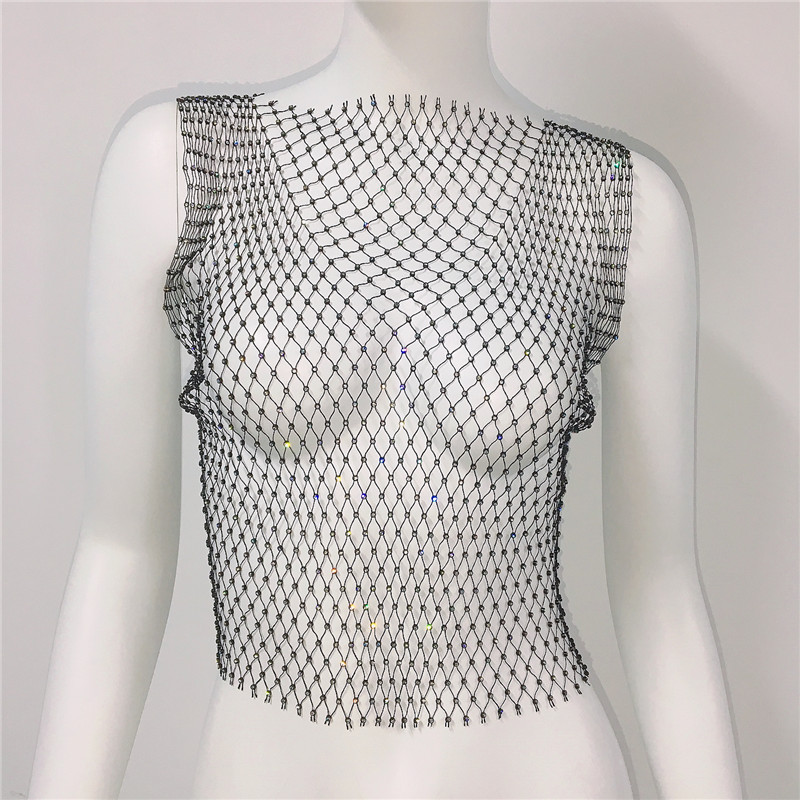 GC134-Hot diamond mesh rhinestone fishnet top sexy sweet and spicy vest mesh crystal T-shirt