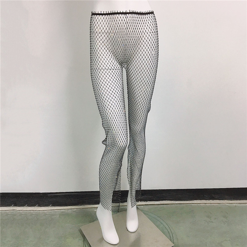 GC119-European and American clothing, sexy fishnet slit pants, waist slimming fishnet straight pants, mesh rhinestone fishnet pants