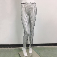 GC119-European and American clothing, sexy fishnet slit pants, waist slimming fishnet straight pants, mesh rhinestone fishnet pants
