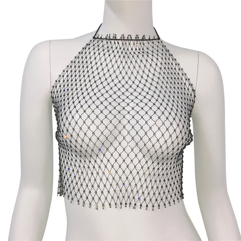 GC136-Mesh flash diamond fishnet halter neck suspender sexy hollow hottie suspender for women