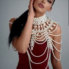 WH713B-Popular retro pearl body chain bra party tassel shawl sexy hollow pearl versatile shawl