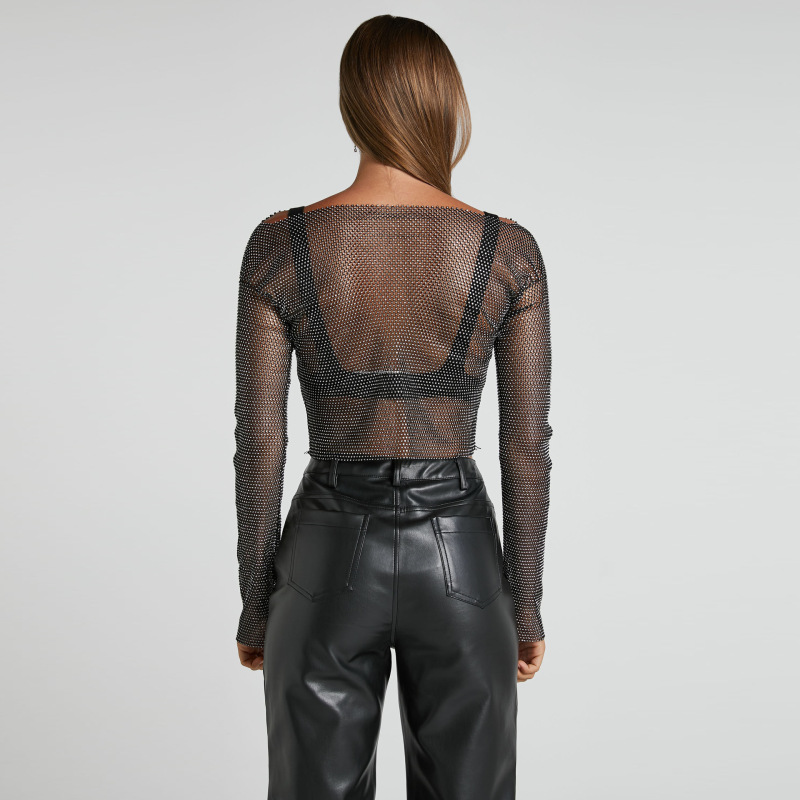 GC164-Women's Fishnet T-shirt One Shoulder Long Sleeve Top Mesh Flash Diamond Fishnet Hot Girl Top