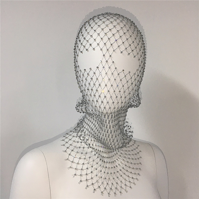 GC140-European and American elastic fishnet hood accessories mesh hollow personality hat rhinestone headscarf hat hood