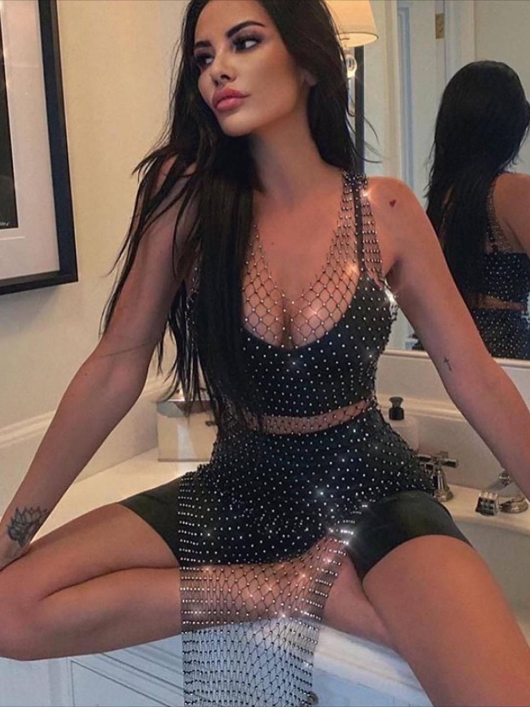GC121-European and American clothing mesh sparkling diamond fishnet dress hot girl women's dress sweet and spicy style dress