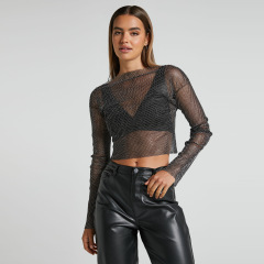 GC164-Women's Fishnet T-shirt One Shoulder Long Sleeve Top Mesh Flash Diamond Fishnet Hot Girl Top
