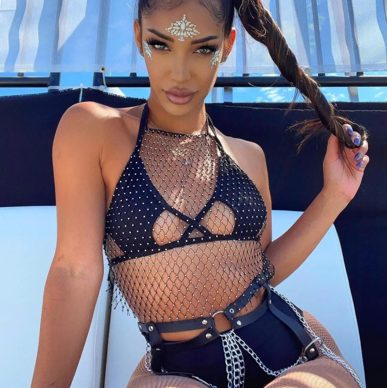 GC136-Mesh flash diamond fishnet halter neck suspender sexy hollow hottie suspender for women