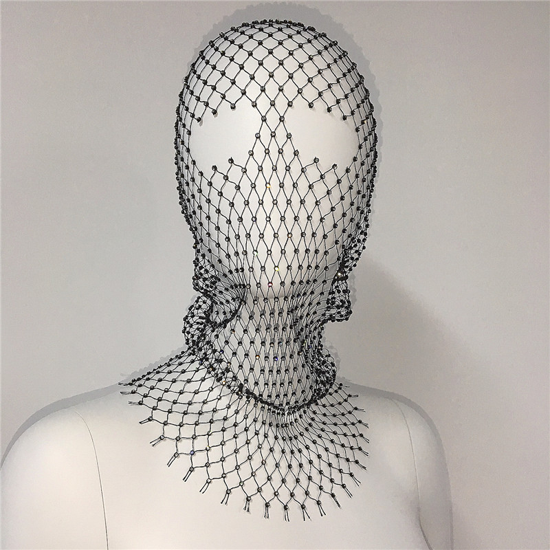 GC140-European and American elastic fishnet hood accessories mesh hollow personality hat rhinestone headscarf hat hood